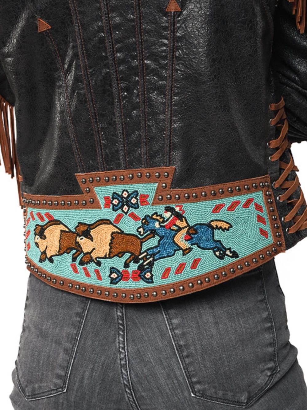 Double D Ranch leather Buffalo Chase Jacket studs beaded buffalo horse cowboy - Picture 6 of 16